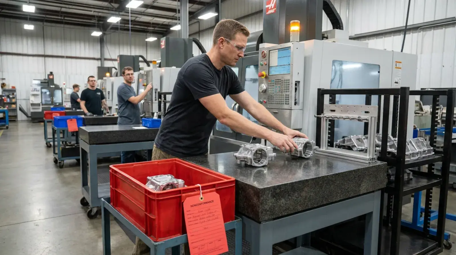 Operator removing parts from an outbound rack beside a red nonconformance bin with tags