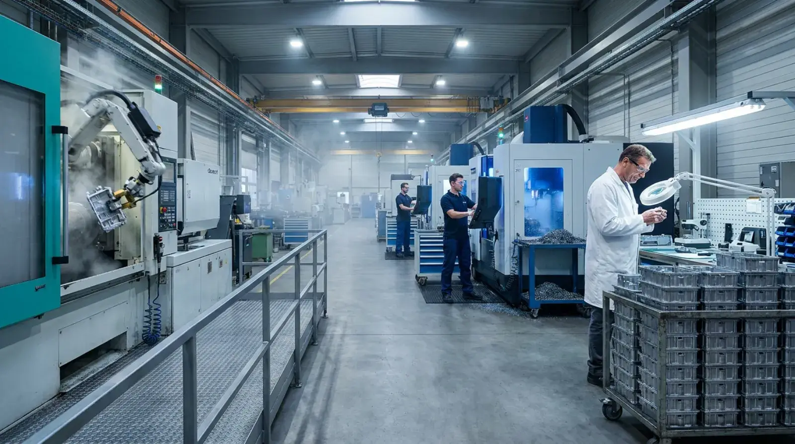 Long machining production floor with a final quality inspector checking parts at the far end