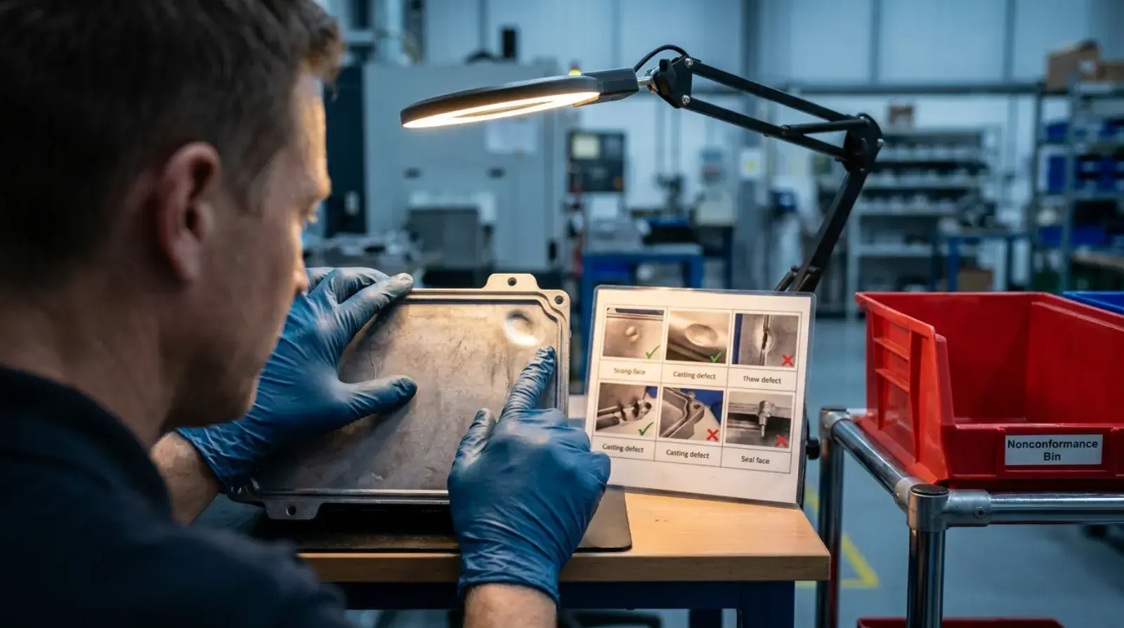 Worker verifying a freshly received casting beneath a workbench lamp beside a red rejection bin