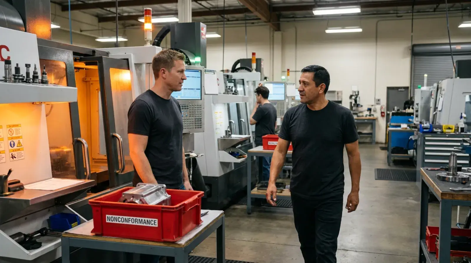 Cell leader walking toward an operator at a paused machine beside a red scrap bin