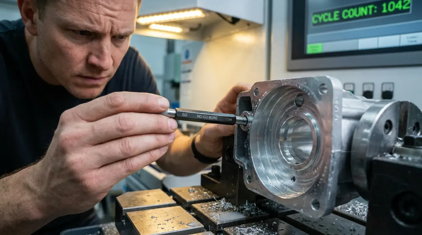 Hands checking a precision machined hole using a go and no-go cylindrical plug gauge