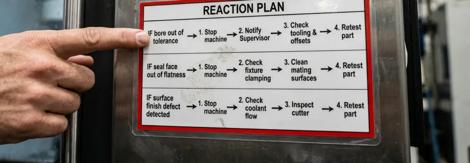 Laminated station reaction plan card outlining three sequential if-then troubleshooting steps