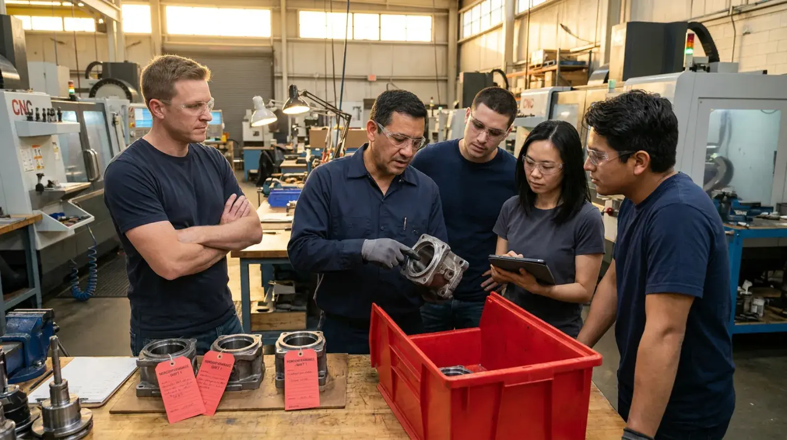 Production team gathered at a workbench examining tagged nonconforming parts from a red bin