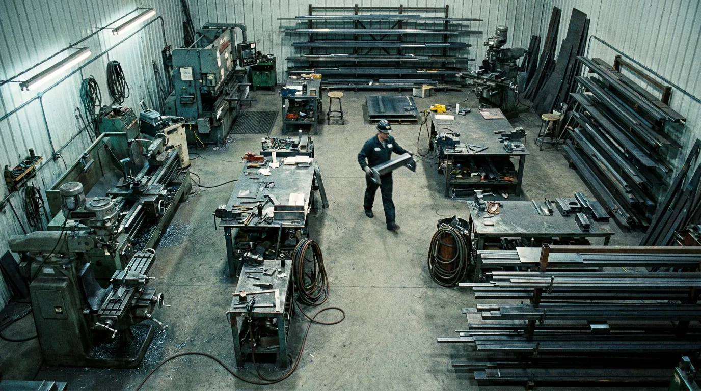 A worker walking across a cluttered workshop between scattered machines