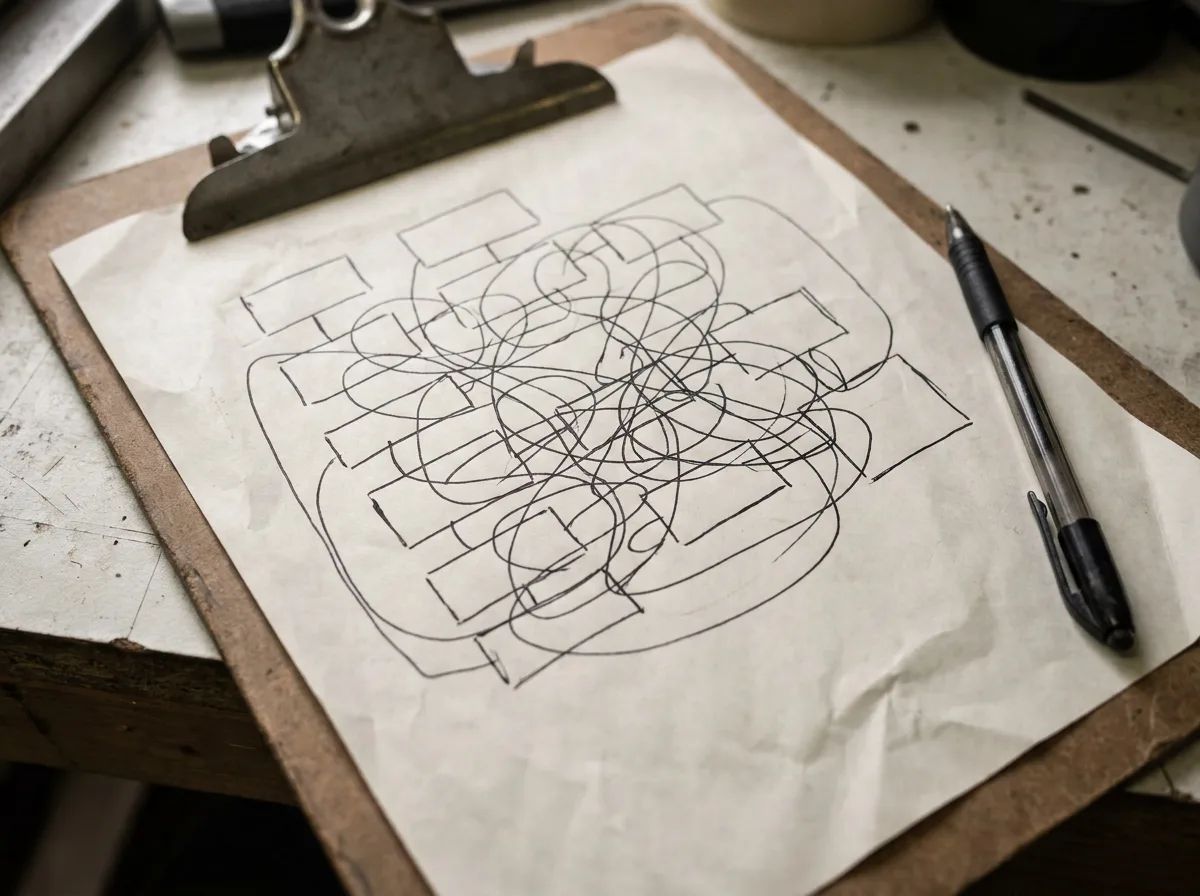 A hand-drawn spaghetti diagram on paper