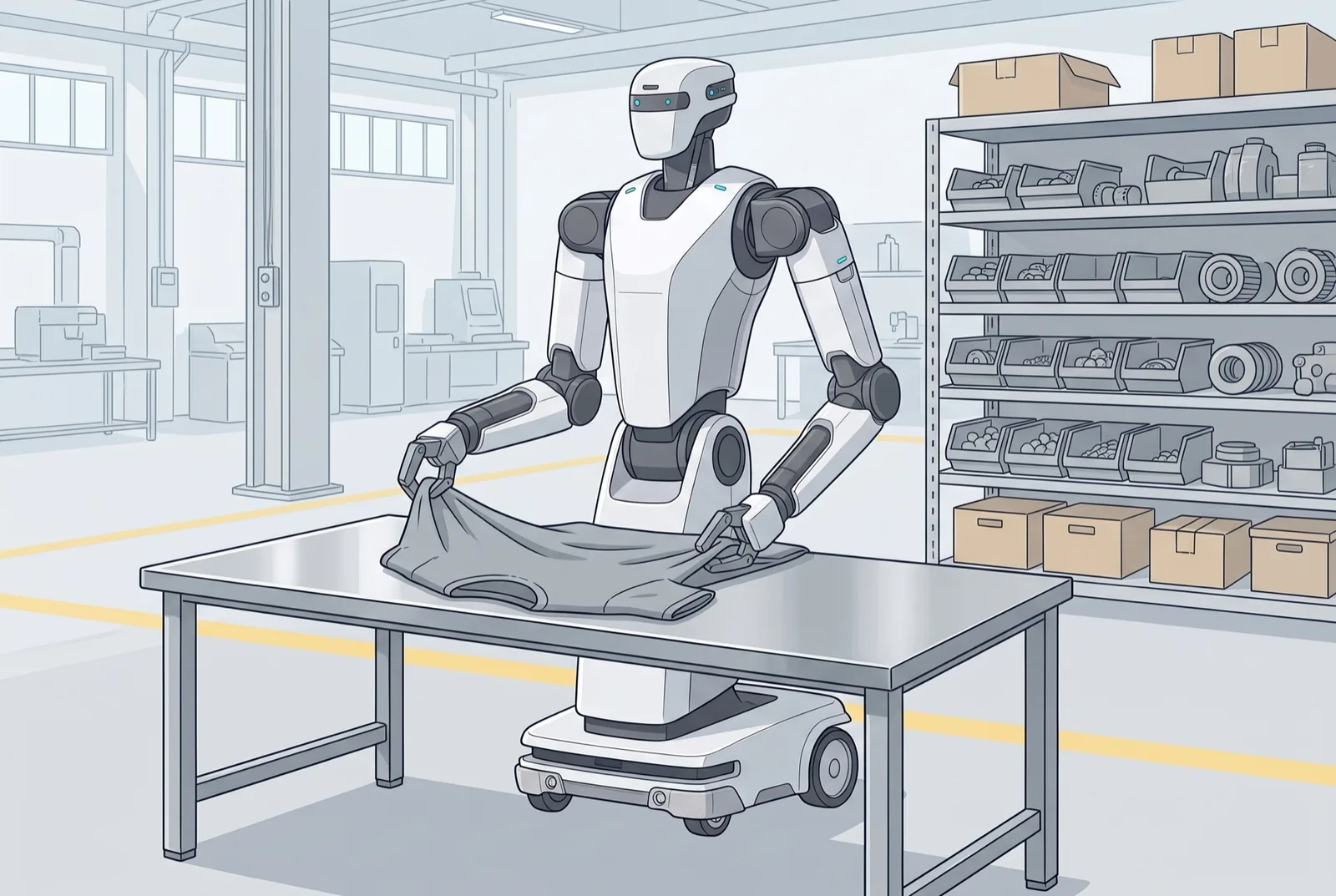 Illustration of a white two-armed robot on a wheeled base folding a grey T-shirt at a steel workbench in a factory