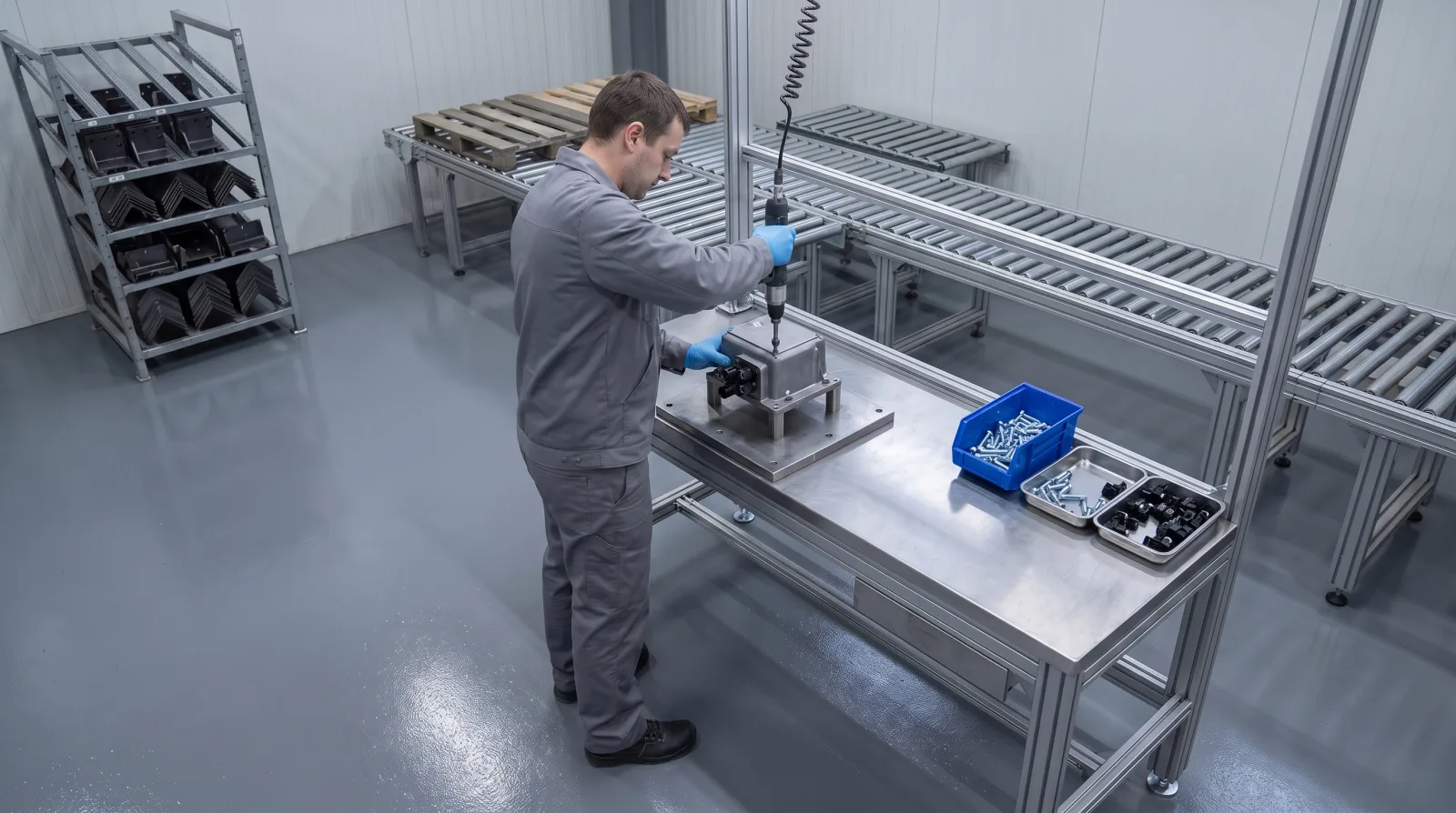 Operator torquing a bracket onto a housing at an assembly bench