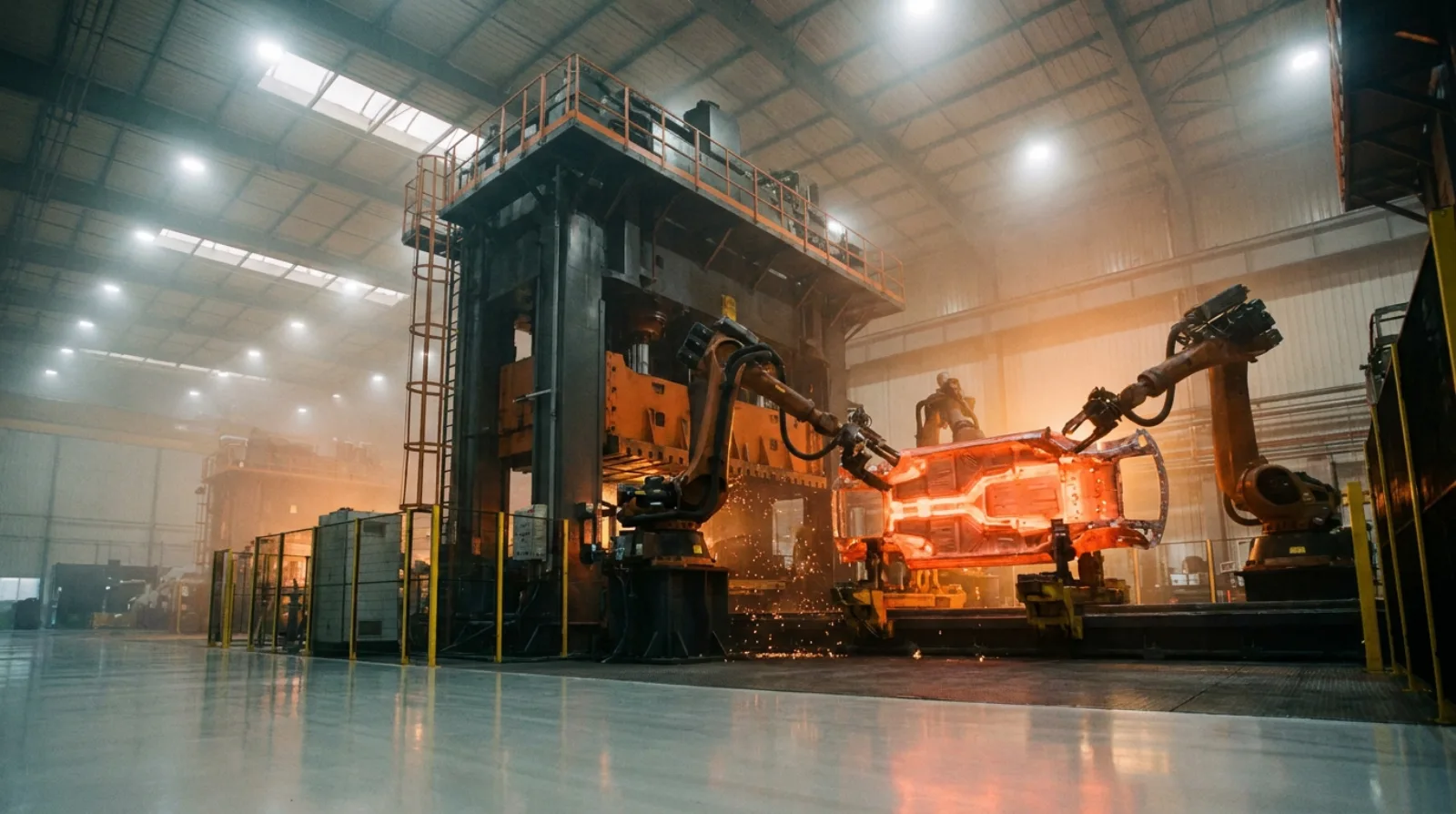 Gigacasting press extracting a large aluminum underbody casting