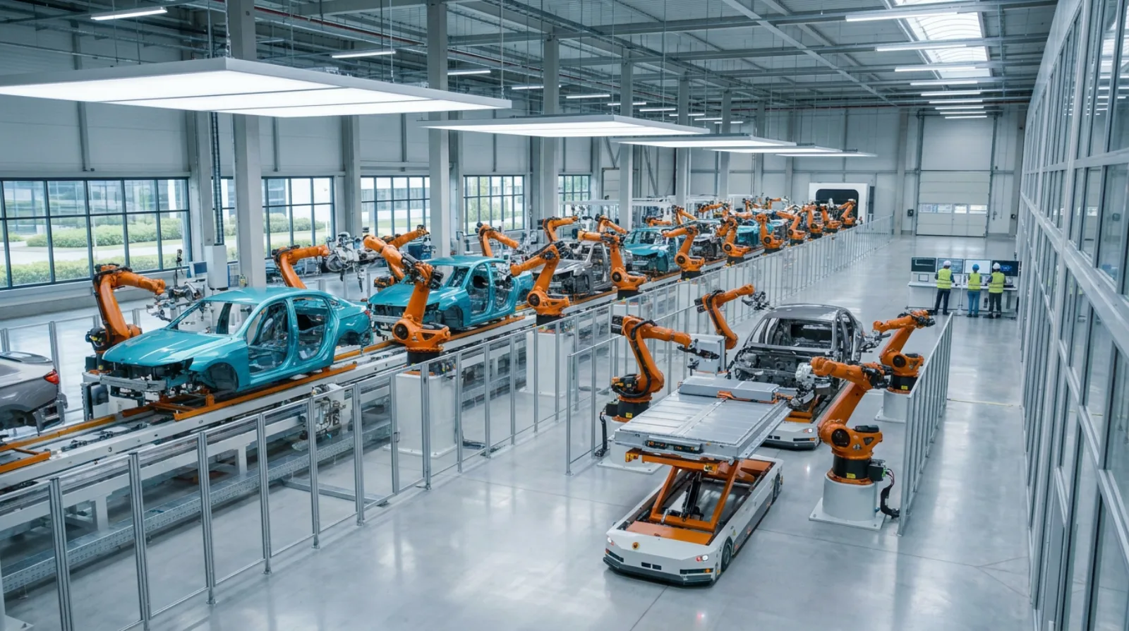 Modern EV assembly line with robot arms and sedan bodies