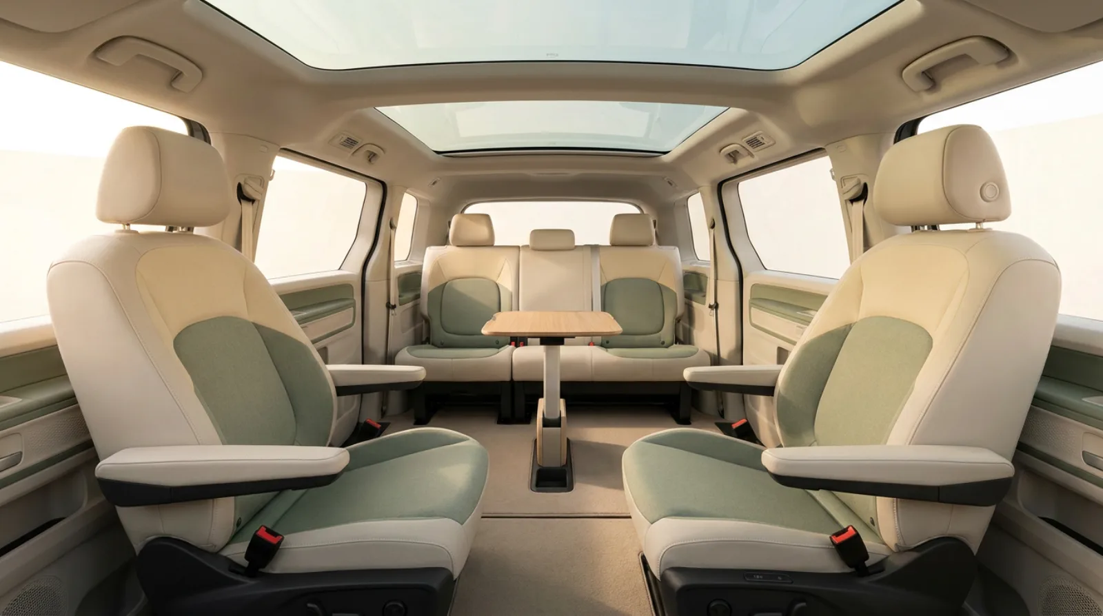 Front seats rotated to face the bench; console deployed as a table — 移动的家.